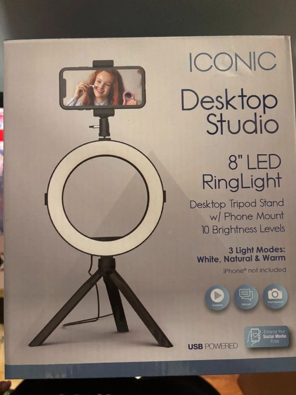 ICONIC 8” LED RingLight Desktop Tripod Stand with Phone Mount - New